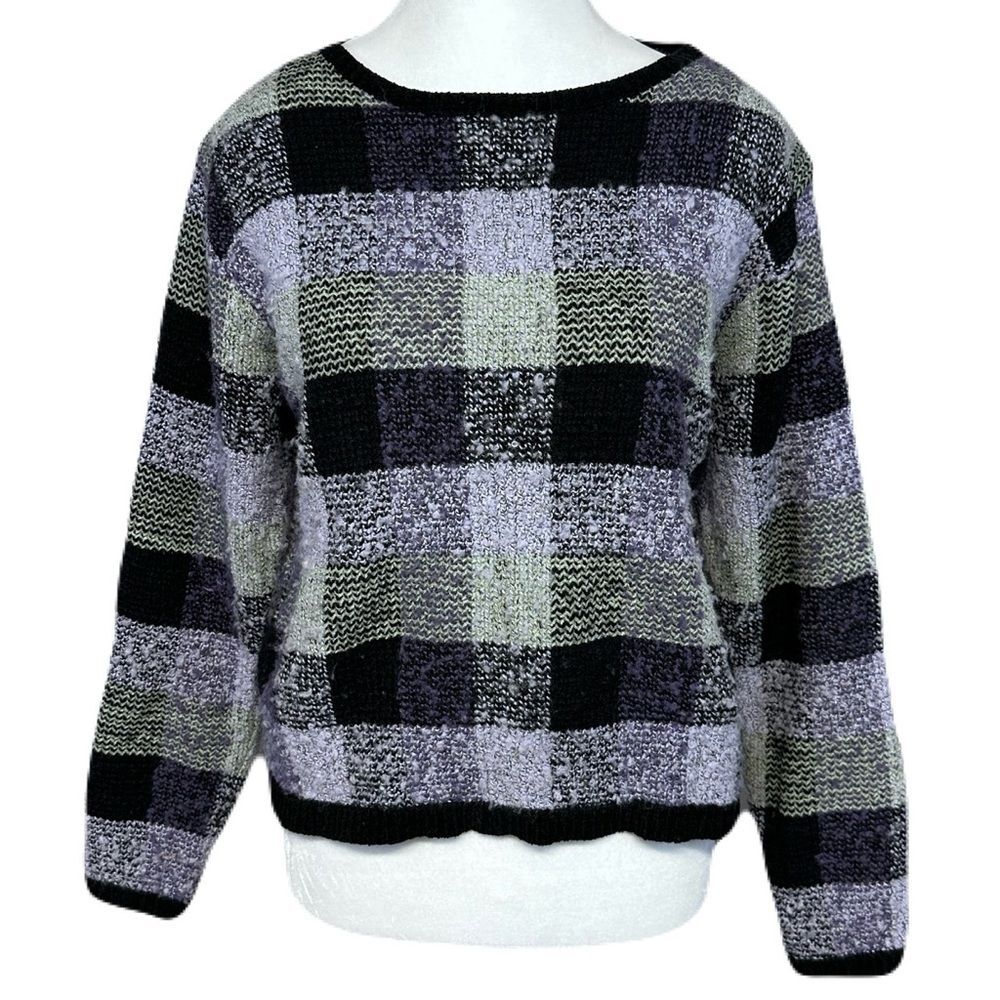 Vintage Y2K Dressbarn Plaid Check Fuzzy Pullover Sweater Purple Size Large*
